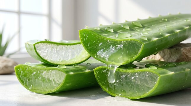 Fresh Aloe Vera Leaves with Translucent Gel Inside