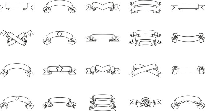 Set of hand drawn vintage ribbon banners isolated on white background for decorative design elements