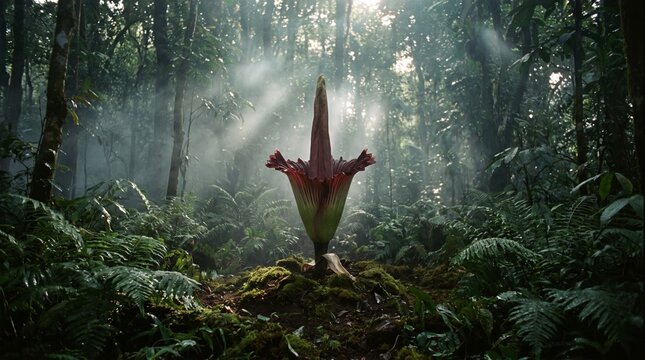 Mysterious Bunga Bangkai in Misty Jungle at Dusk