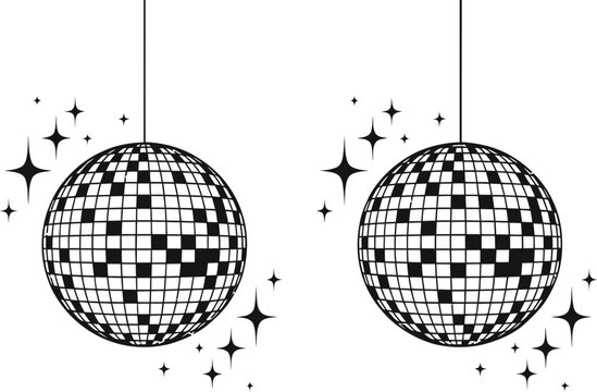 Two hanging disco balls with sparkling star elements isolated on a white background for party designs