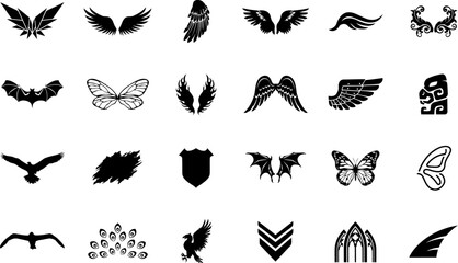 Fototapeta premium Collection of various black silhouette wing icons and bird wing shapes for graphic design projects