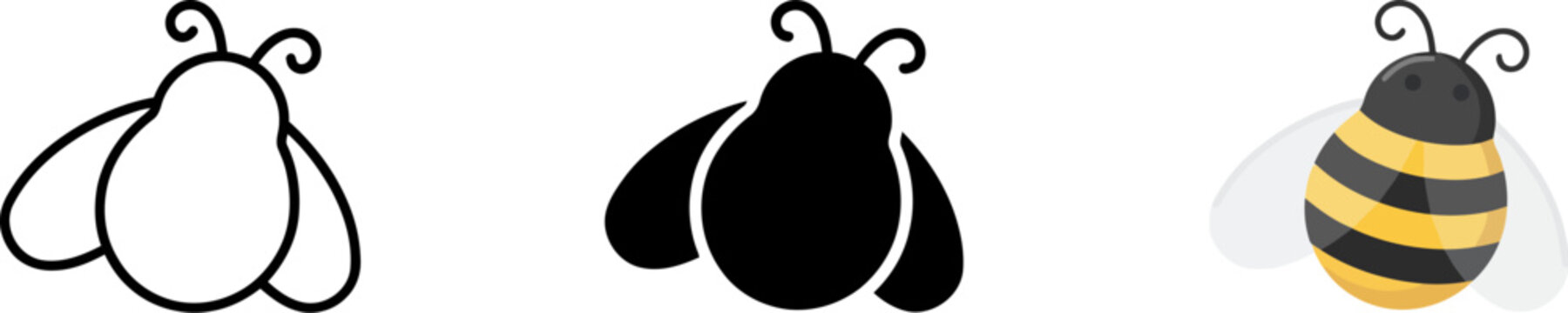 Set of cute bee illustrations showing outline silhouette and colored cartoon style icons on white background