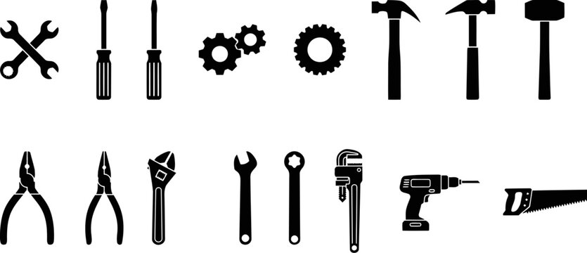 Set of black silhouette construction and repair tools isolated on a white background for design projects