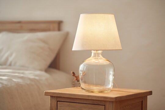 Glass table lamp with white fabric shade, on a wooden bedside table, warm soft glow, bedroom interior, cozy night time