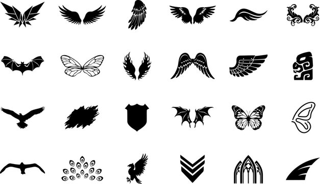 Collection of various black silhouette wing icons and bird wing shapes for graphic design projects