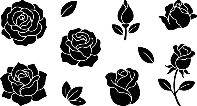 Set of black silhouette rose flowers and leaves isolated on a white background for design elements