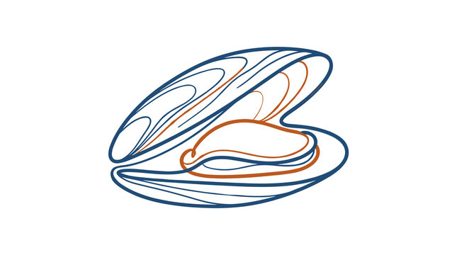 Stylized line art illustration of an open blue mussel shell with orange meat interior, isolated on a white background. Hand-drawn vector graphic of a saltwater bivalve mollusk.