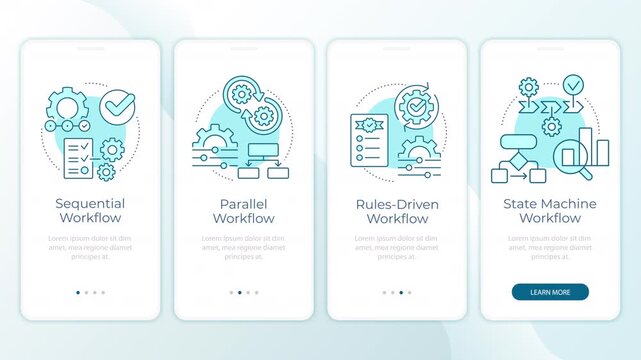 Optimized business process mapping animated onboarding mobile app screens. Digital workflow architecture. UI layout animation with cyan line concept icons. Modern flat interface style motion graphics