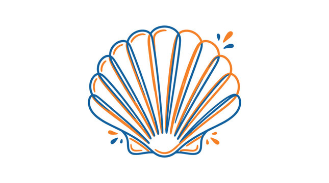 Minimalist scallop shell vector icon with overlapping blue and orange line art strokes. Stylized sea shell illustration on white background including small decorative water droplet accents.