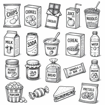 Set of hand drawn food and drink packaging icons in doodle style