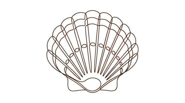 Minimalist one-line drawing of a scallop shell featuring continuous brown stroke on white background, showing ribbed fan shape and symmetrical sea mollusk shell outline vector.