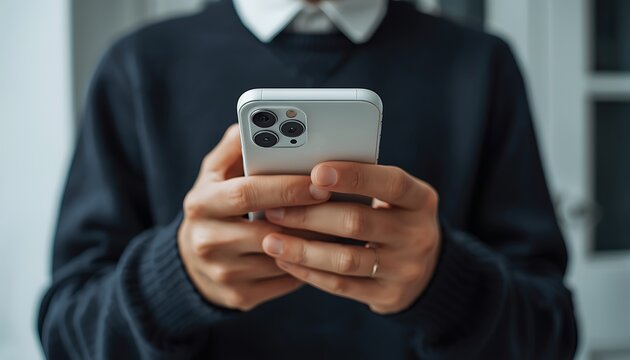A person wearing a dark sweater and tie holds a modern smartphone with a triple-lens camera while focused on the screen indoors