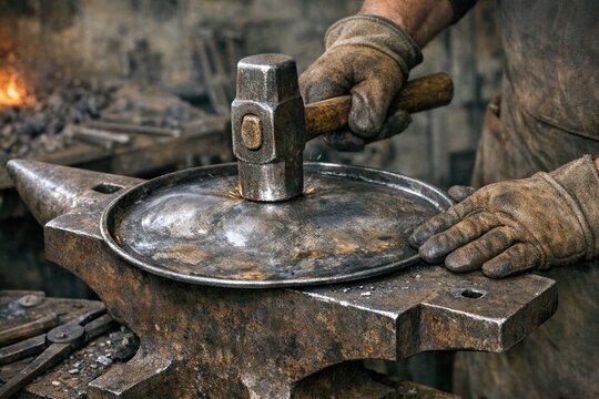 A blacksmith uses a hammer and anvil to shape metal