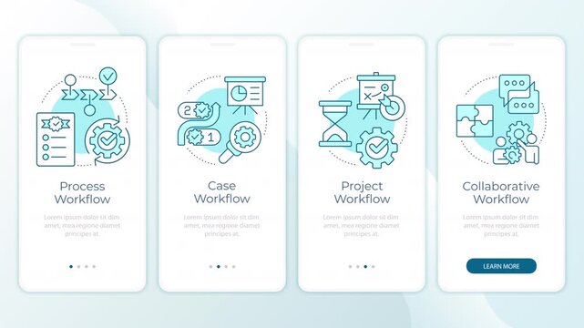 Modern corporate operational workflows animated onboarding mobile app screens. Business optimization. UI layout animation with cyan line concept icons. Modern flat interface style motion graphics