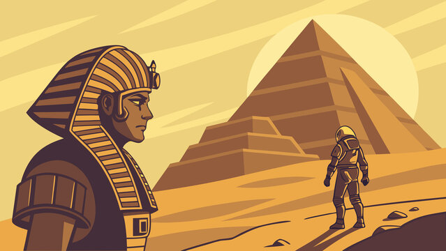 Tourist Walking Across Desert Dunes Toward the Great Sphinx and Egyptian Pyramids of Giza at Sunset with Scenic Sahara Landscape and Blue Sky Illustration