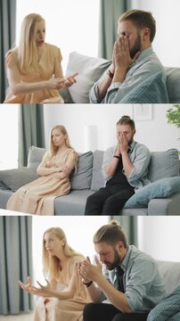A man and woman sit in a small room. The two engage in a strong discussion, with emotions rising as they confront each other about past actions.