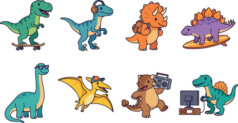 Cartoon dinosaur vector illustrations featuring T‑rex skateboard, Velociraptor headphones, Triceratops backpack, Stegosaurus surfing, playful modern prehistoric designs © DIPU