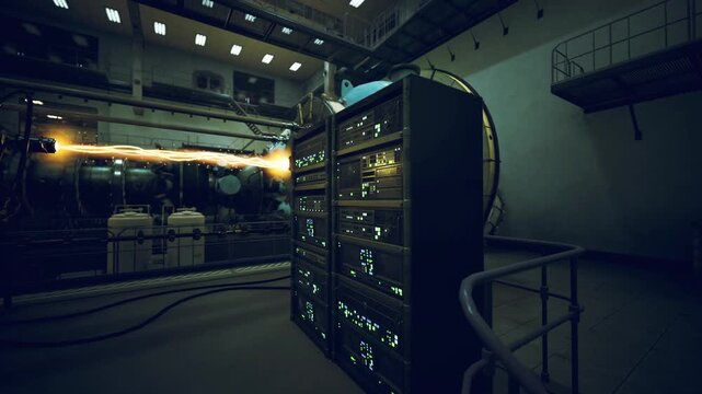 Dimly lit server racks dominate room, cold metal cabinets and tangle of cables, blinking status lights along front panels, concrete walls and spiral stair,