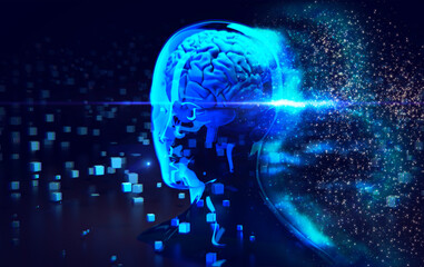 Fototapeta premium Abstract glowing blue human brain dissolving into particles.