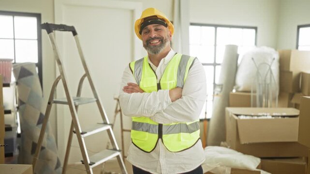 Man builder in hardhat and hi vis vest with arms crossed by ladder and stacked boxes in building; confidence progress.