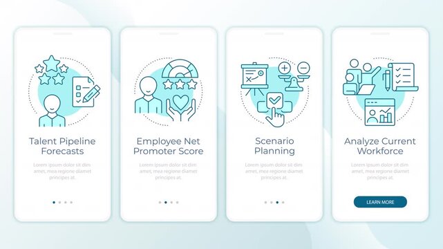 Strategic workforce planning framework animated onboarding mobile app screens. Human capital. UI layout animation with cyan line concept icons. Modern flat interface style motion graphics