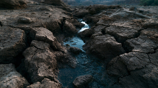 A small stream flowing through cracked dry earth during a drought. Conceptual image for climate change and water scarcity.