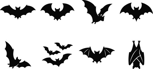 Black silhouette icons of bats in flight and resting positions with spread wings, curved wings, and hanging upside down © Milon