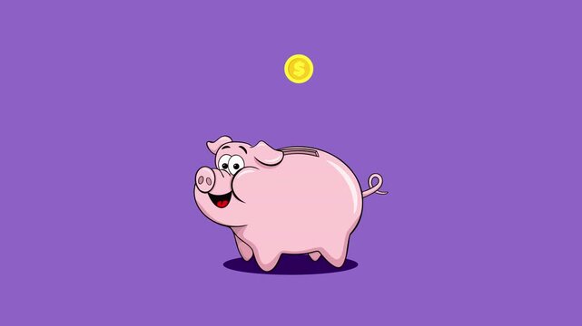 Cartoon animation of a cute pink piggy bank with gold coins falling into the slot representing saving money and financial investment on a solid purple background with alpha channel