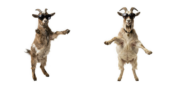 Funny goat wearing sunglasses standing on hind legs isolated on transparent background