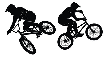 Obraz premium Two black silhouettes of adventurous bmx riders performing high flying stunts on white studio backgrounds 
