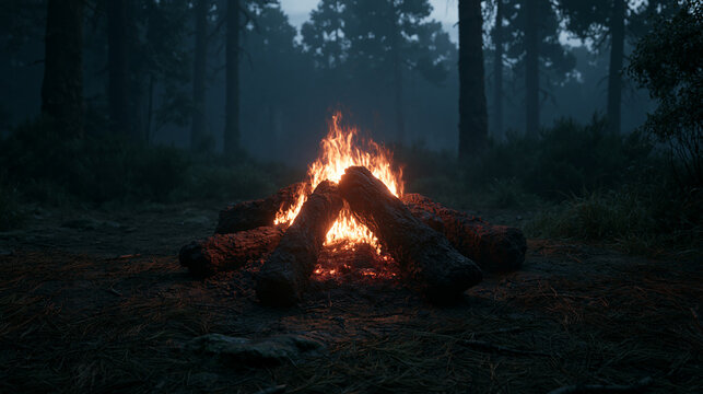 A crackling campfire burns brightly in a dark forest at night. Cozy wilderness camping concept for outdoor adventure themes.