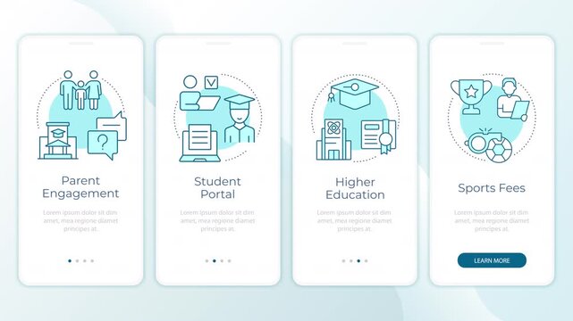 School management interface animated onboarding mobile app screens. Digital learning tech solutions. UI layout animation with cyan line concept icons. Modern flat interface style motion graphics