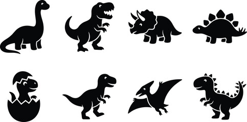 Cute Dinosaur Silhouette Icon Set with T-Rex, Brachiosaurus, Triceratops, Stegosaurus, and Pterodactyl © Milon