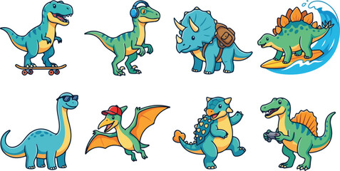 Cartoon dinosaur vector illustrations featuring T‑rex skateboard, Velociraptor headphones, Triceratops backpack, Stegosaurus surfing, playful modern prehistoric designs © DIPU