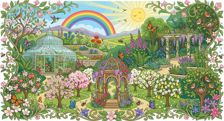 Obraz premium Garden landscape features a blooming gazebo and glass greenhouse under a bright rainbow sky.