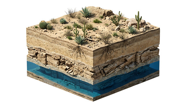 Cross Section of Desert Landscape Layers with Groundwater Isolated on White