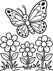 Obraz premium Cute cartoon butterfly flying above a garden of simple spring flowers for children coloring page activity