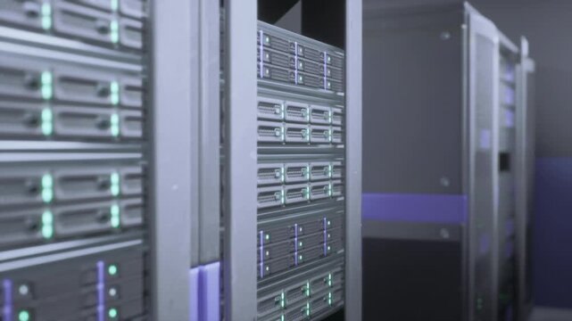 Closeup edge rack with soft bokeh compact server modules, glowing status LEDs, minimal cabling, matte black chassis, smallformfactor design ideal for telco