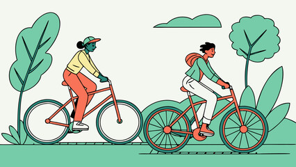 Obraz premium Young couple riding bicycles together in green park with trees and plants, outdoor cycling, active lifestyle and recreation concept