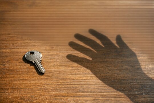 A person's hand holding a key on a wooden surface, possibly indicating access or secrecy