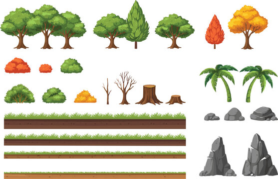 Cartoon Nature Elements Collection with Trees Bushes Rocks Grass Terrain Palm Trees and Forest Environment Assets Set