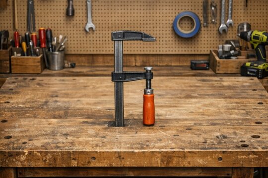 A clamp on a workbench in a busy workshop