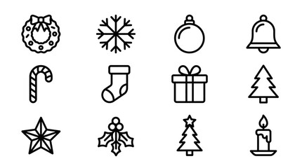 Christmas Icons Set: Wreath, Snowflake, Bauble, Bell, Candy Cane, Stocking, Gift, Tree, Star © Ihik