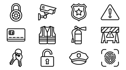 Fototapeta premium Security Icons: Lock, Camera, Badge, Warning, Card, Vest, Extinguisher, Barrier, Keys, Fingerprint