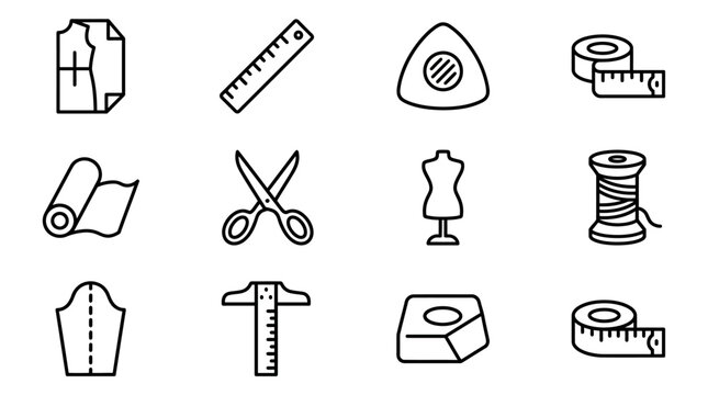 Sewing Icons Set: Tailoring Tools, Dressmaking Equipment, Craft Supplies, Fashion Design