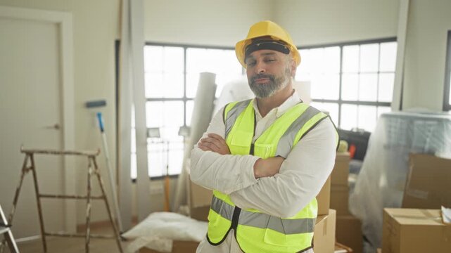 Man in hardhat and hi vis vest gives thumbs up amid cardboard boxes, ladders and renovation tools in a building; confidence.