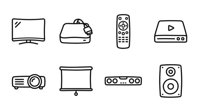Home Cinema Icons: TV, Projector, Screen, Remote, Speaker, Blu-ray Player, Receiver