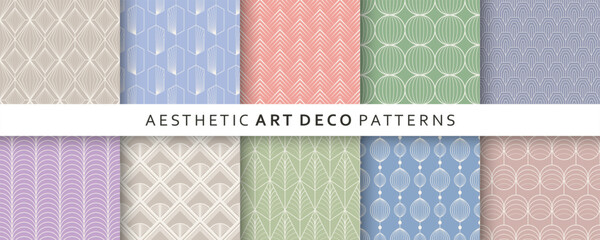Obraz premium Vector luxury soft pastel seamless patterns collection. Elegant geometric art deco background templates set with creative vintage ornament for trendy beauty wrapping paper print