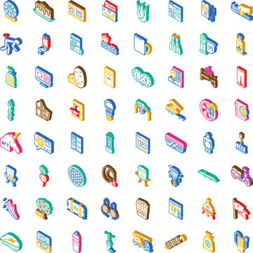 Diverse set of isometric icons illustrating various aspects of modern daily life, including food, health, hobbies, gadgets, professional equipment, and digital innovations