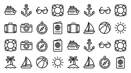 Fototapeta premium Summer Vacation Icons: Cruise, Anchor, Sunglasses, Lifebuoy, Passport, Camera, Beach Ball, Sun